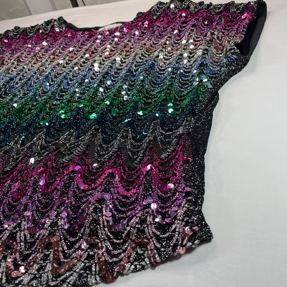 Joanna Vtg Women's Sequin Wave Cap Sleeve Top Black Multi Color M Disco Glam - Picture 3 of 5